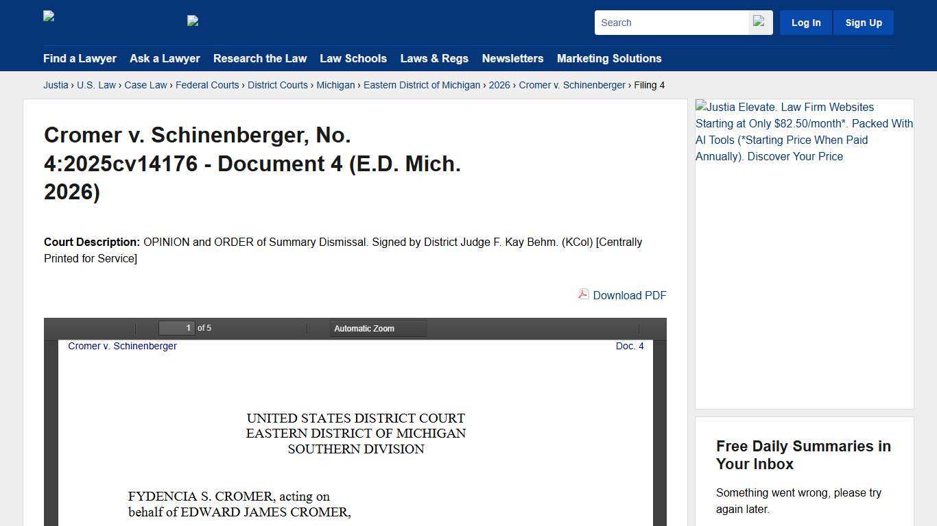 Cromer v. Schinenberger, No. 4:2025cv14176 - Document 4 (E.D. Mich. 2026) :: Justia